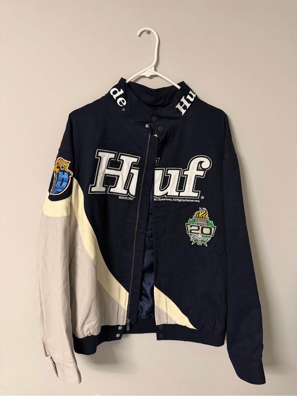 HUF Navy, Cream & Light Gray Patchwork Puffer Jacket